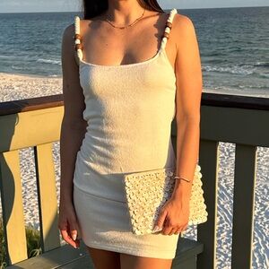 Cream White Fox Mini Dress with Beaded Straps